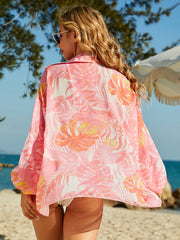 Pink Leaf Print Long Sleeve Cover Up Cardigan for Women