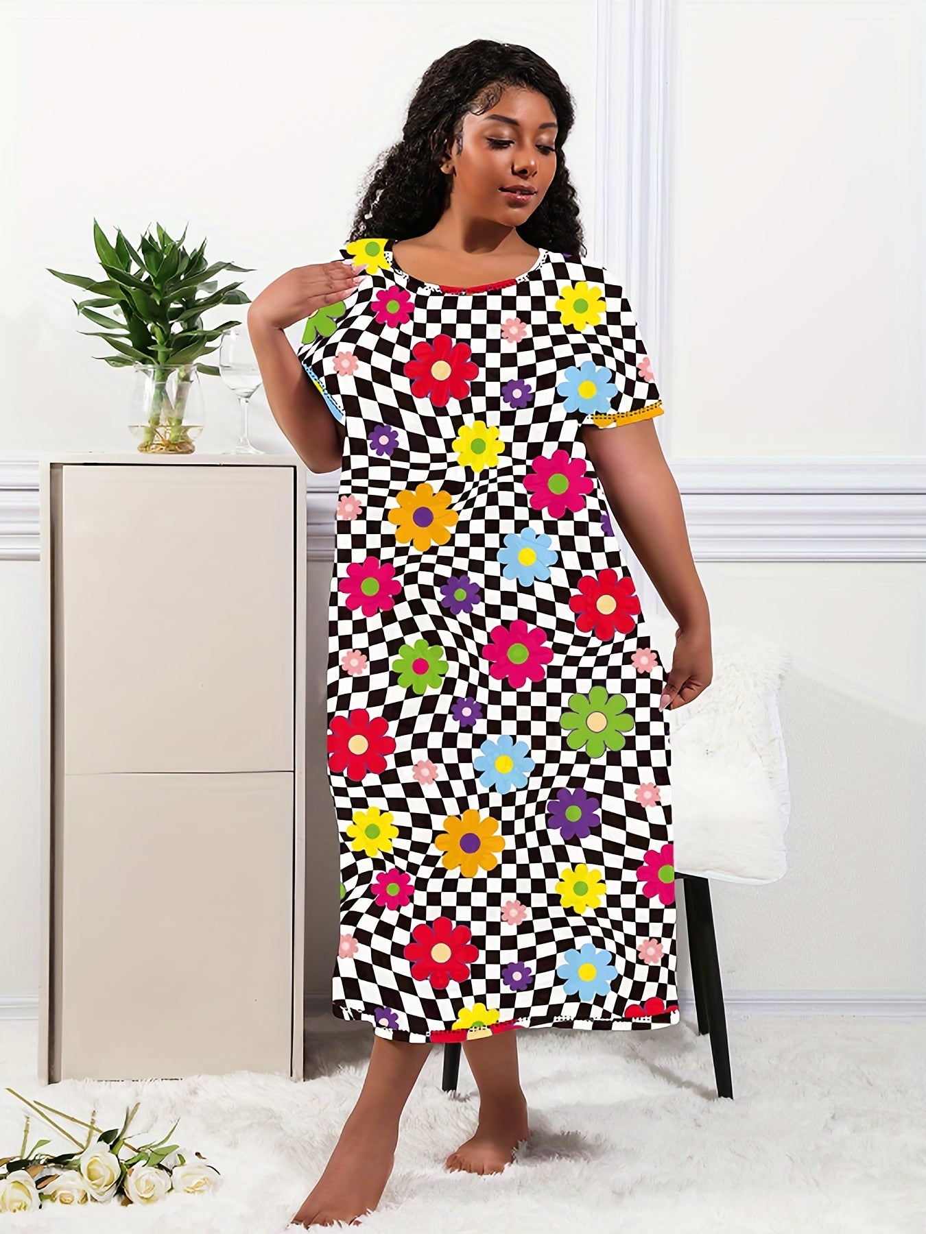 Checkered & Floral Print Tee Nightdress