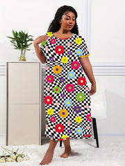 Checkered & Floral Print Tee Nightdress