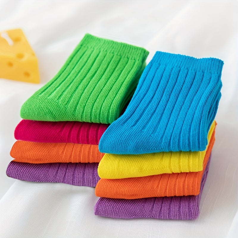 3 Pairs Kids Colorful Crew Socks, Fluorescent Striped, Four Seasons, Mid Tube