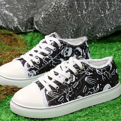 Halloween Skull Print Flat Shoes Women's Casual Lace Up Low Top