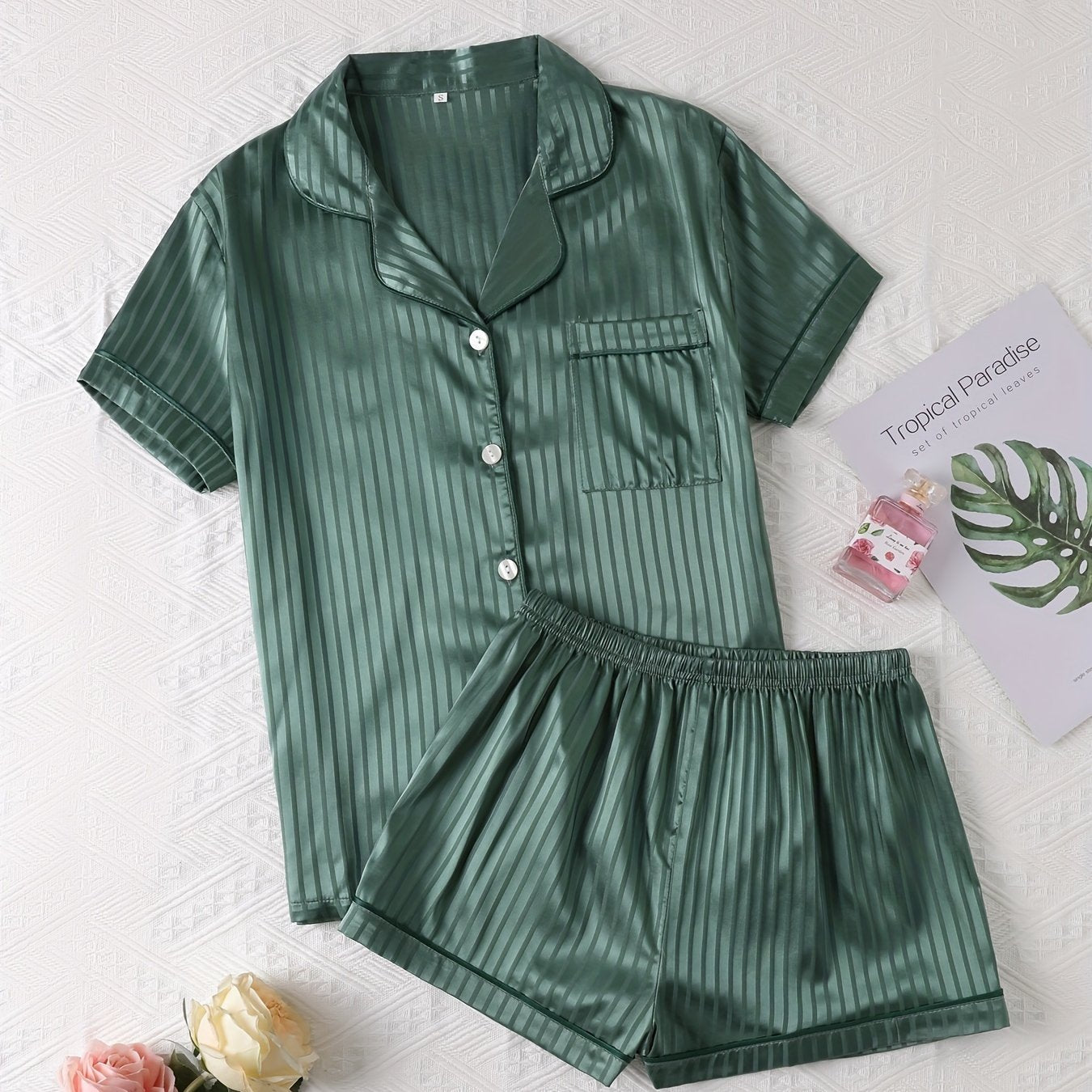 Striped Satin Pajamas Set Short Sleeve Top & Shorts