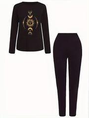 Vintage Graphic Print T shirt & Solid Leggings Set