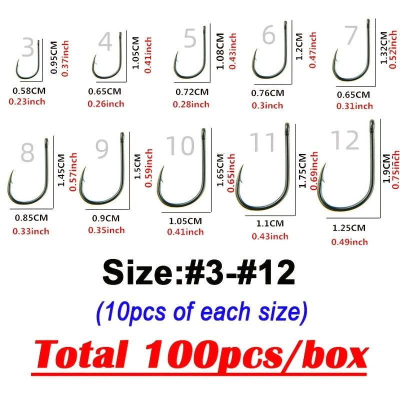 100pcs High Carbon Steel Barbed Fishing Hook Set