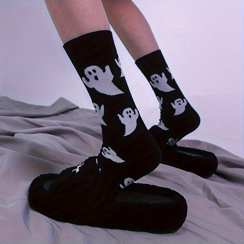 2 Pairs Cartoon Ghost Print Socks Cute Halloween Mid Tube Women's Stockings