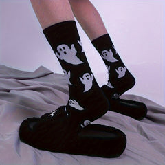2 Pairs Cartoon Ghost Print Socks Cute Halloween Mid Tube Women's Stockings