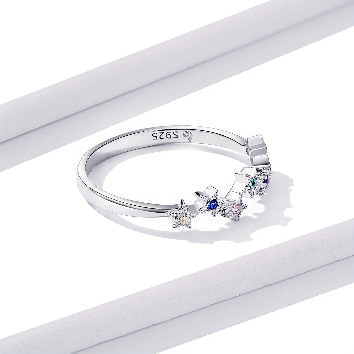 925 Silver Starry Ring with Colorful Zircon, Platinum Plated