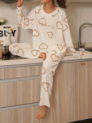 Heart Print Pajama Set Long Sleeve Crew Neck Top & Elastic Waistband Pants