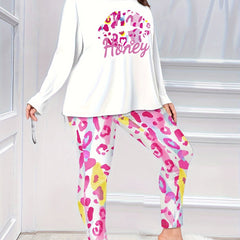 Women's Plus Leopard Kiss & Letter Print Pajamas Set