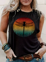 Dragonfly Print Plus Size Tank Top Round Neck Casual Sleeveless Tee