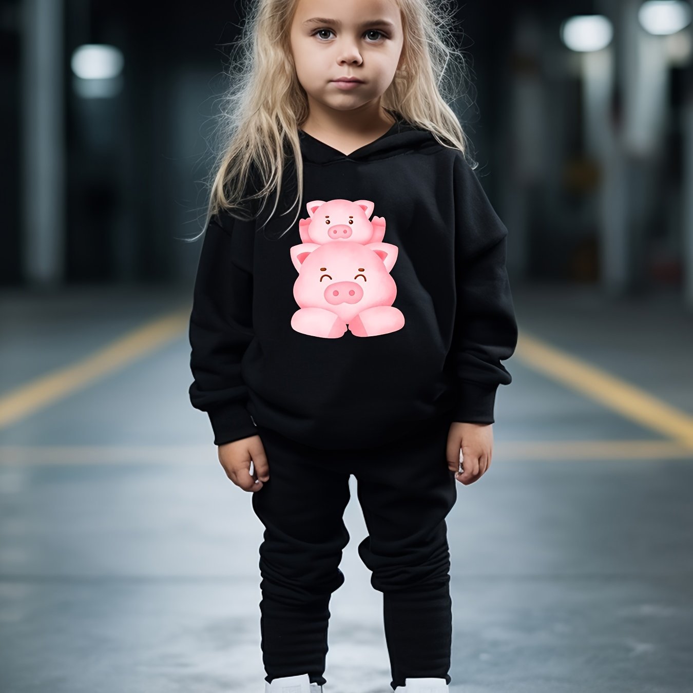 Kids 2pcs Piggy Family Print Hooded Pullover Pants Set For Spring Fall