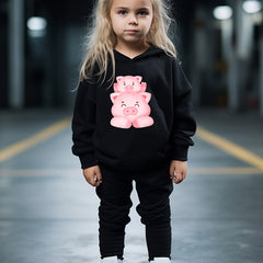 Kids 2pcs Piggy Family Print Hooded Pullover Pants Set For Spring Fall