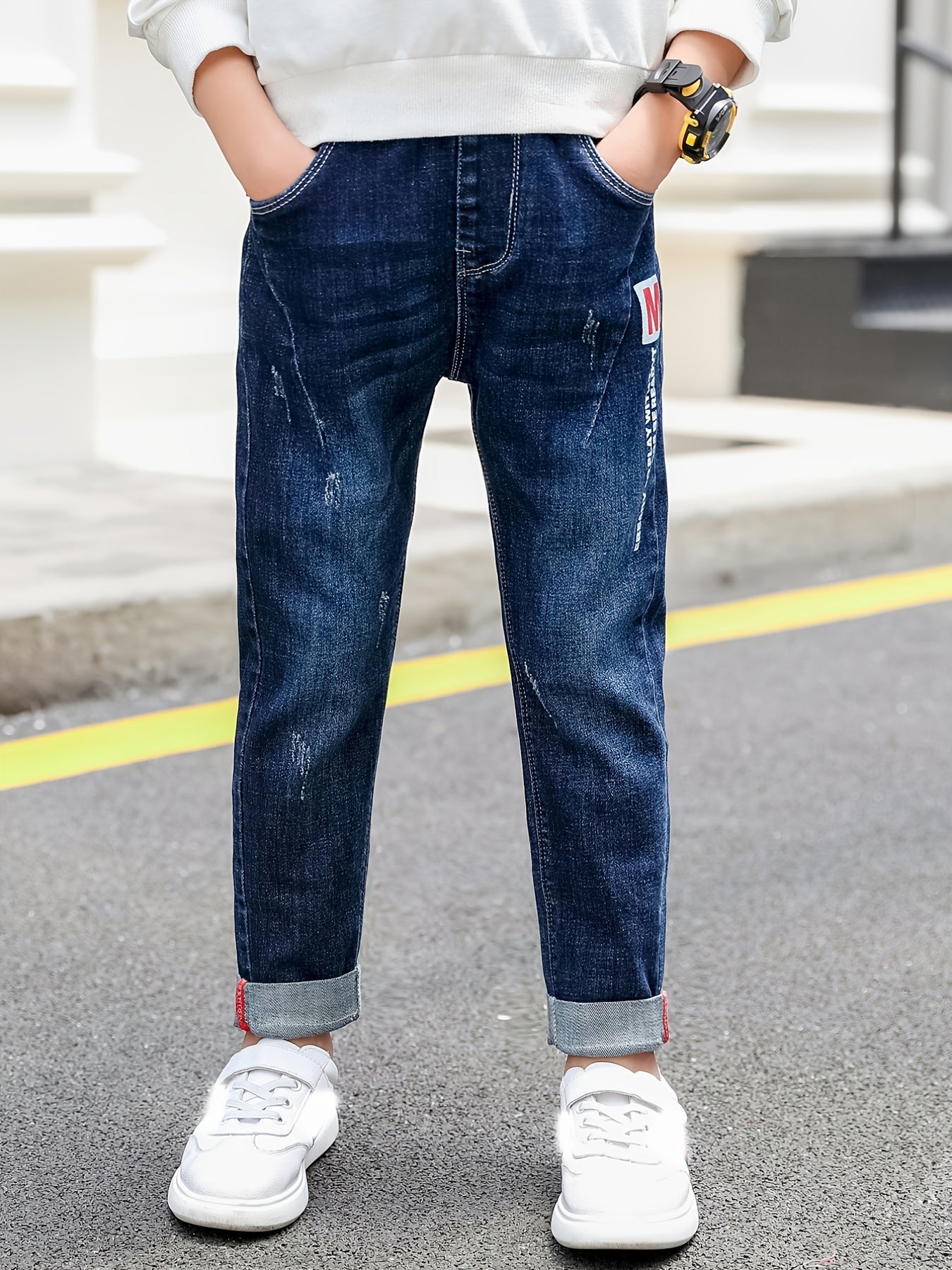 Boys Casual Letter Print Denim Long Pants With Pocket