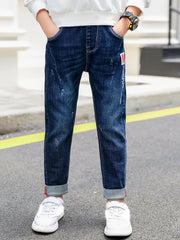 Boys Casual Letter Print Denim Long Pants With Pocket