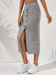 Ribbed Button Front High Waist Midi Skirt