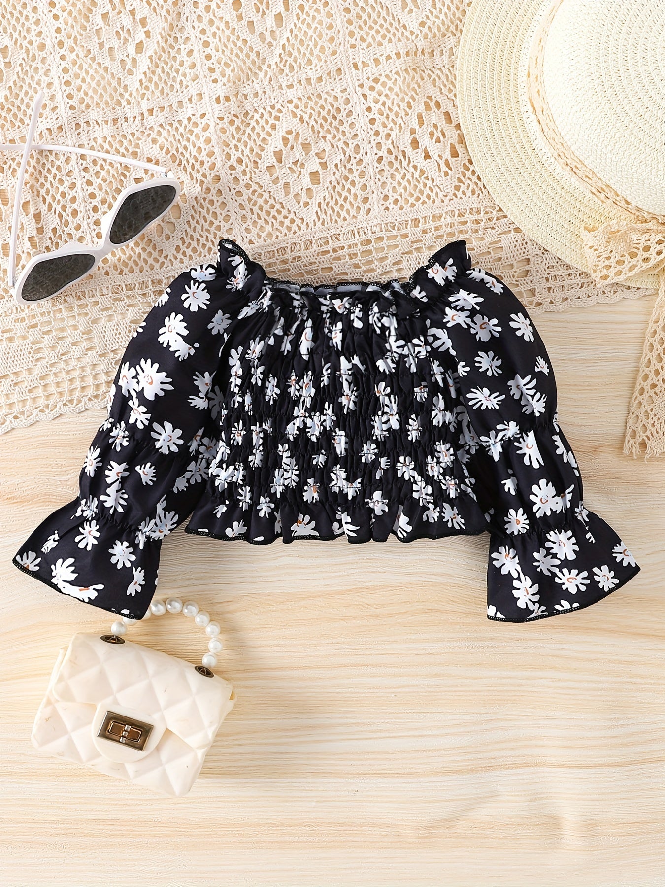 Baby Girls Boho Floral Embroidered Mesh Puff Sleeve Crop Top