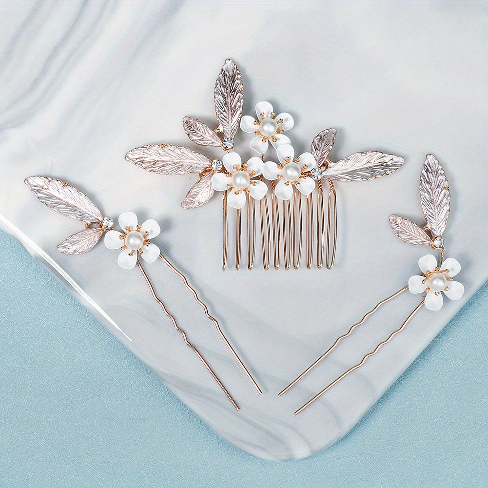3pcs Flower & Pearl Hair Comb Wedding Headwear Hair Accessory