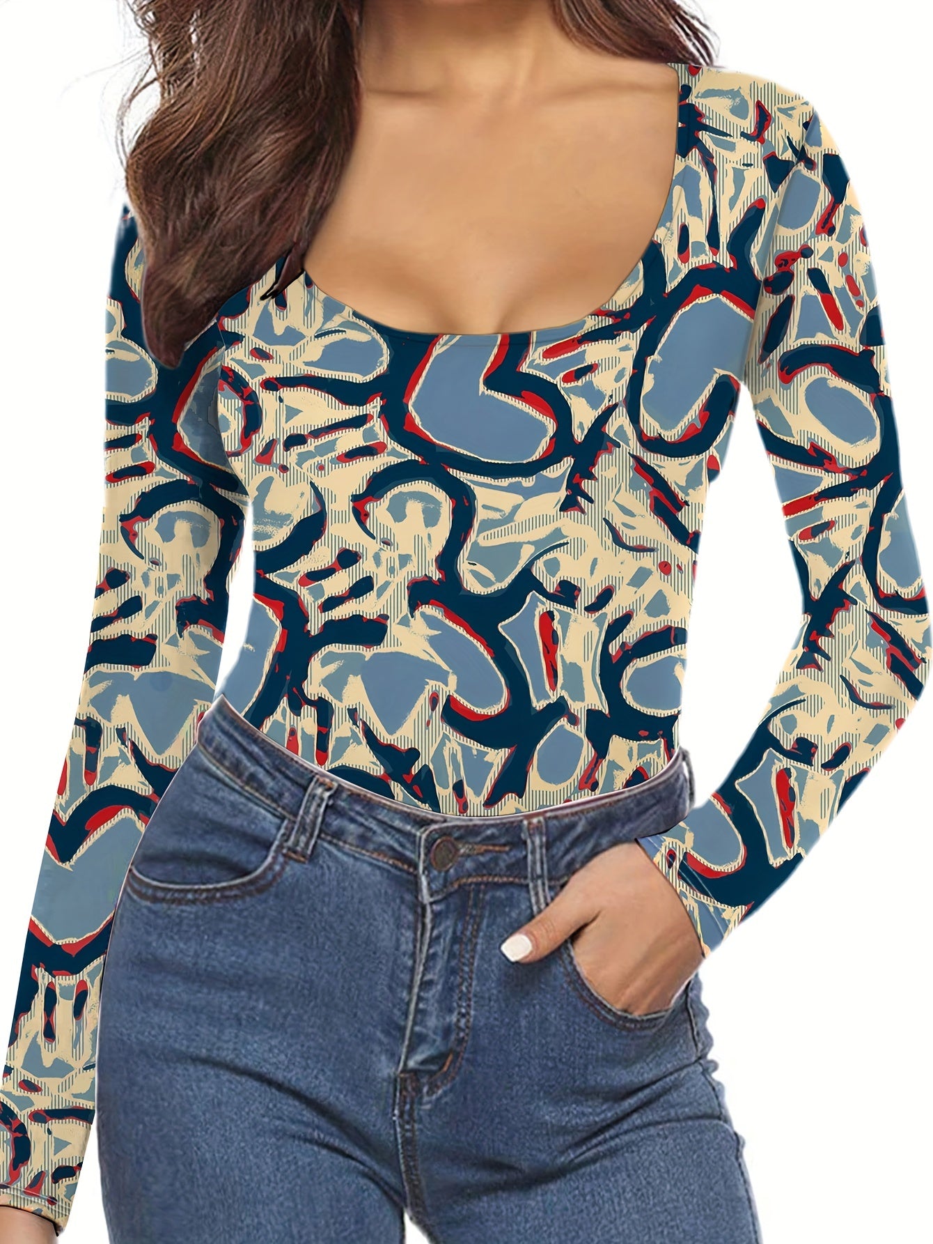 Women's Allover Print Crew Neck Bodysuit Long Sleeve