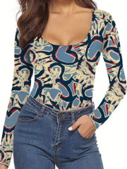 Women's Allover Print Crew Neck Bodysuit Long Sleeve