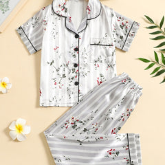 Girls Plant Floral Pattern Lapel Neck Pajama Set
