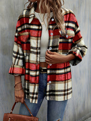 Button Plaid Drop Shoulder Jacket for Fall & Winter