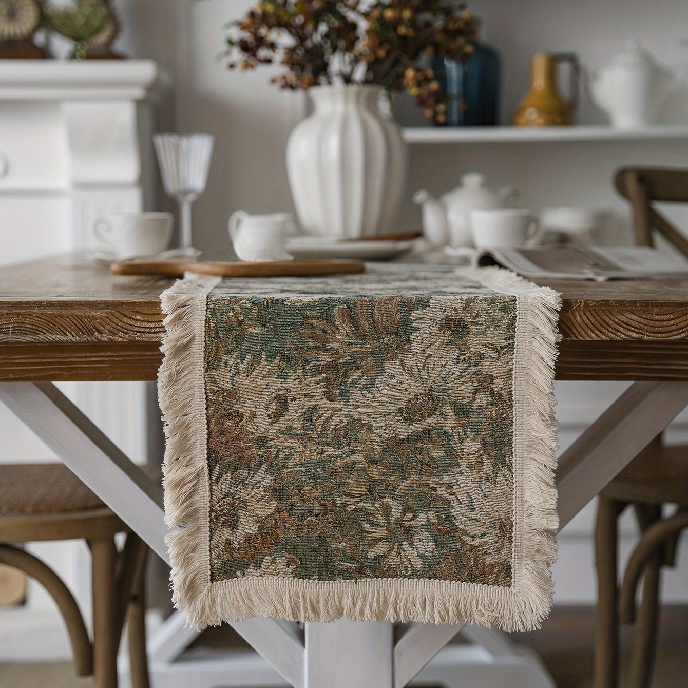 Polyester Table Runner Green Painting Table Flag American Tassel Party Decoratio