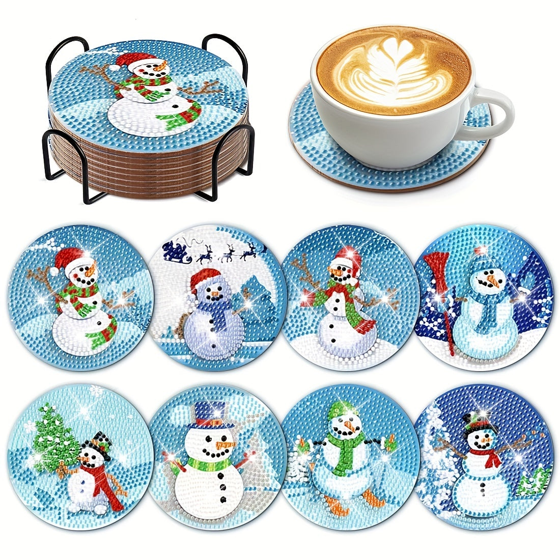 8pcs Snowman Diamond Painting Coaster Kits With Holder DIY Diamond Art