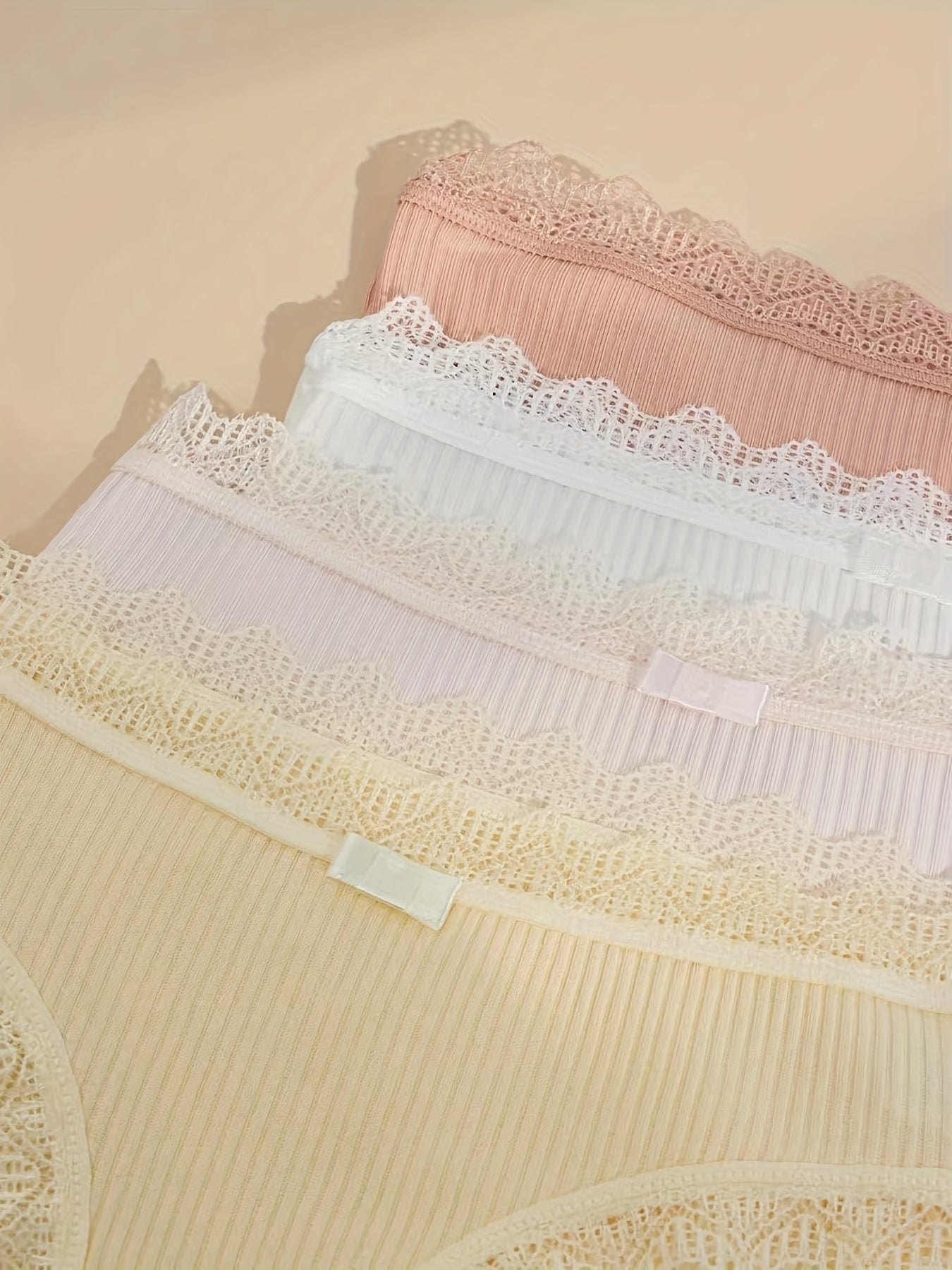 4pcs Lace Trim Ribbed Briefs Solid Panties Women's Lingerie