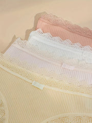 4pcs Lace Trim Ribbed Briefs Solid Panties Women's Lingerie