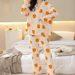 Fruit Print Pajama Set Long Sleeve Buttons Top & Elastic Waistband Pants