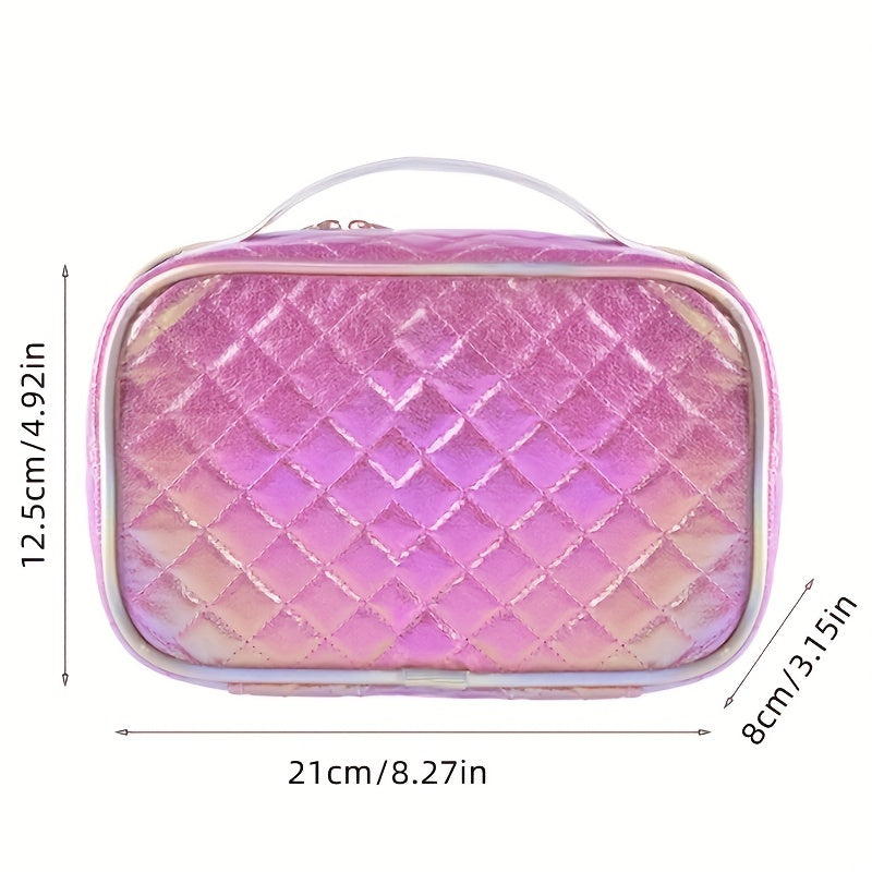 Large Capacity Hand Cosmetic Bag Waterproof Toiletry Handle Zipper Plaid Pattern
