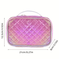 Large Capacity Hand Cosmetic Bag Waterproof Toiletry Handle Zipper Plaid Pattern