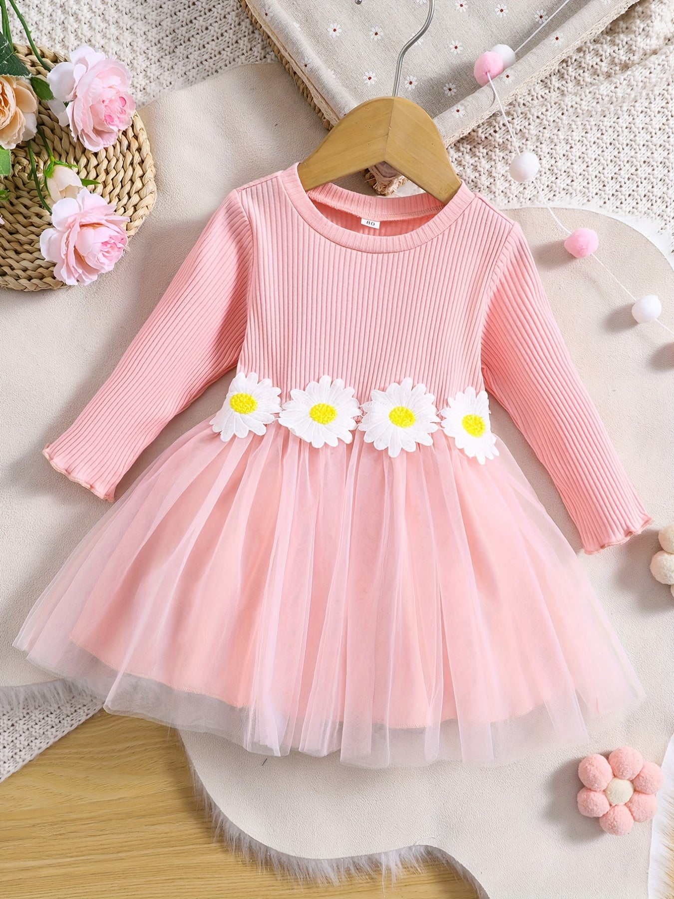 Baby Girls Mesh Dress with 3D Sunflower Decors