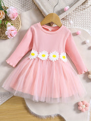 Baby Girls Mesh Dress with 3D Sunflower Decors