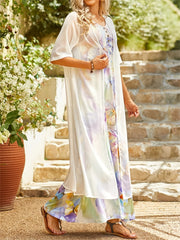 Casual Loose 2pc Set Short Sleeve Cover Up & Floral Print Maxi Dress