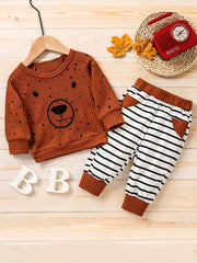 Boys Cartoon Dog Print Waffle Long Sleeve Striped Leg Set