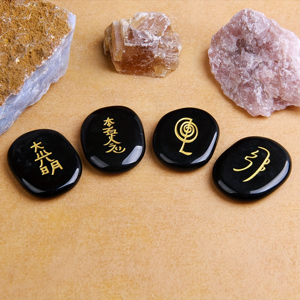 4Pcs Natural Crystal Engraved Chakra Symbols Palm Stones for Reiki Ornaments
