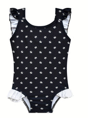 Girl's Ruffle Decor Onesie Swimsuit Floral Tankini Bathing Suit
