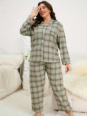 Plaid Pajama Set Women's Button Up Shirt & Pants