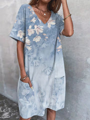 Floral Print V Neck Stretch Dress With Pockets