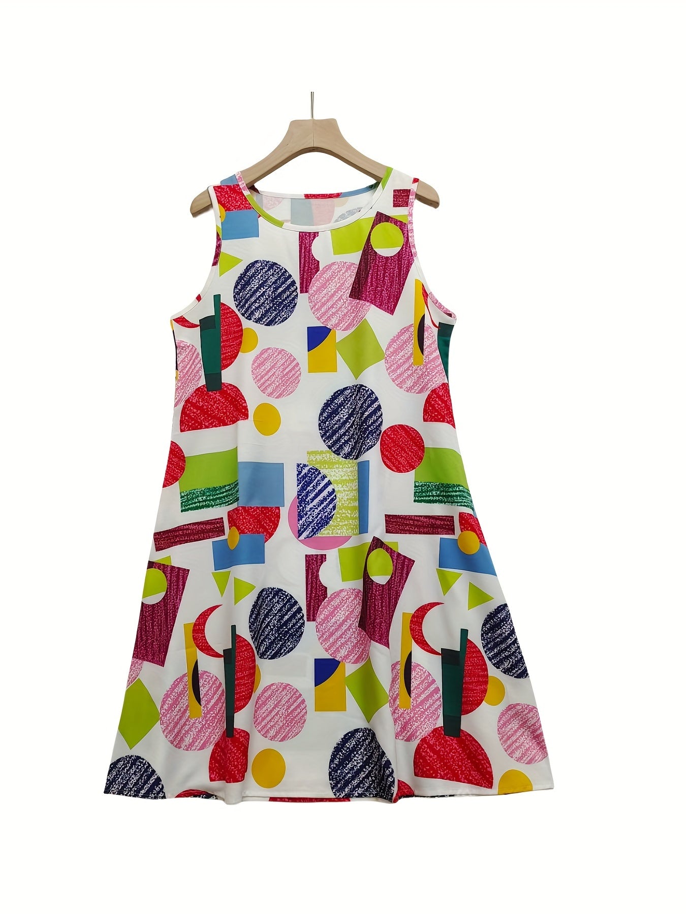 Geometric Print Dress Crew Neck Sleeveless Tank Dress For Summer
