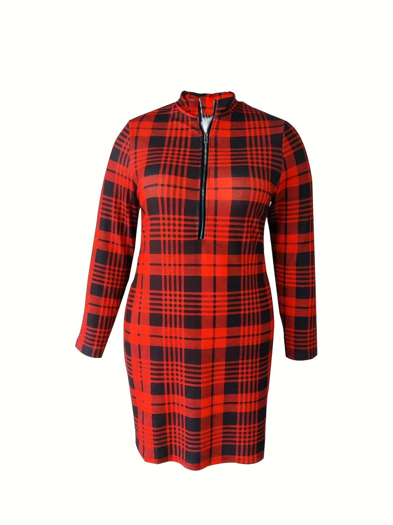 Plaid Print Long Sleeve Mock Neck Dress