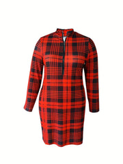 Plaid Print Long Sleeve Mock Neck Dress
