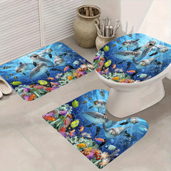 Waterproof Dolphin Shower Curtain Set with Non Slip Bathroom Rug