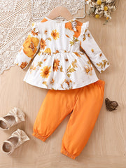 Cute Baby Girl Outfit Solid Cotton Top with Printed Bow Pants