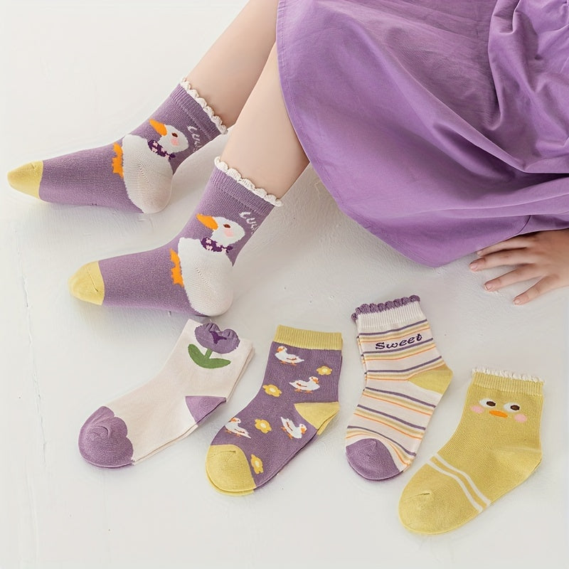 5 Pairs Baby Girls Cartoon Pattern Crew Socks for Autumn Winter