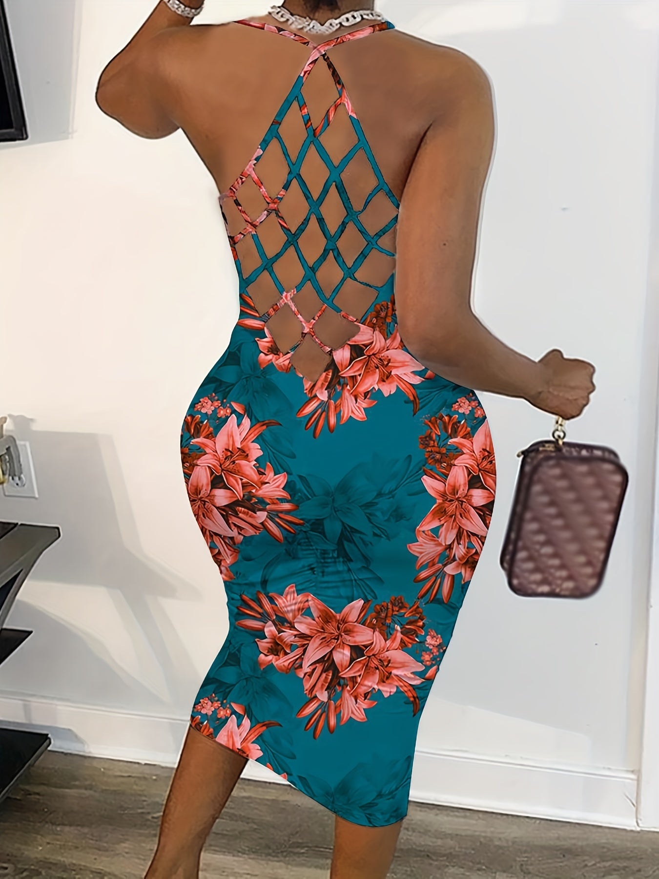 Floral Print Bodycon Criss Cross Dress Backless Spaghetti Dress
