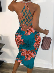 Floral Print Bodycon Criss Cross Dress Backless Spaghetti Dress
