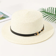 Double Link Chain Belt Flat Top Straw Hat Outdoor Sunshade Travel Hat