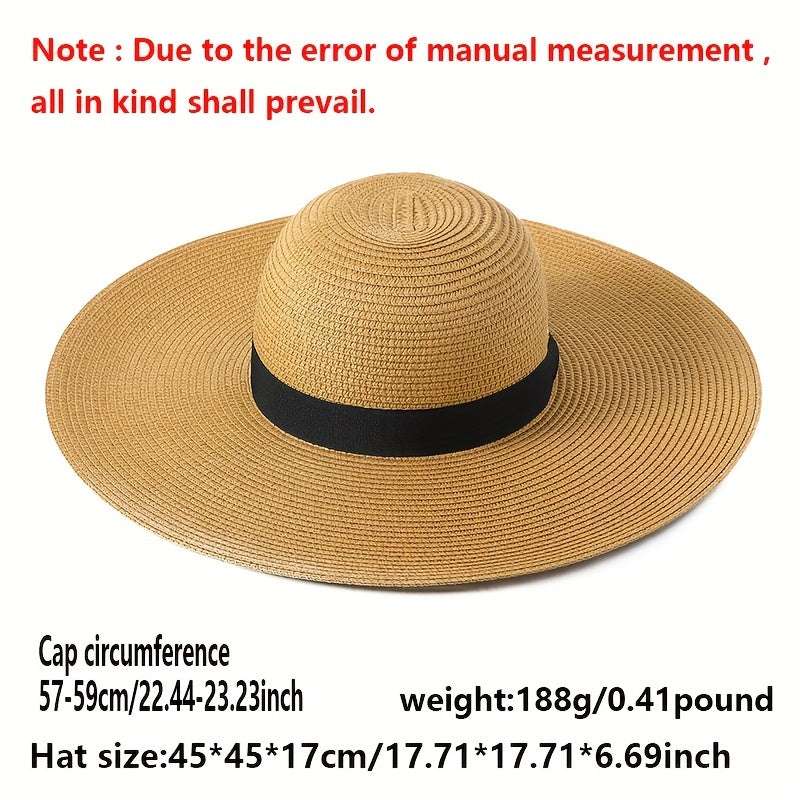 Black Hole Big Brim Sun Hat Solid Ponytail Straw Hat